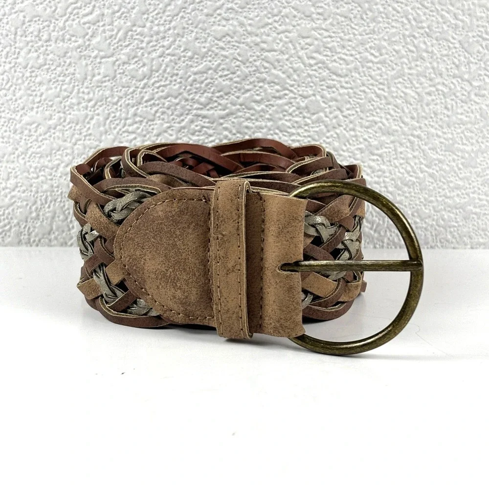 Braided Belt Womens 13 Brown Wide Woven Metallic‎ Silver Boho Western Festival